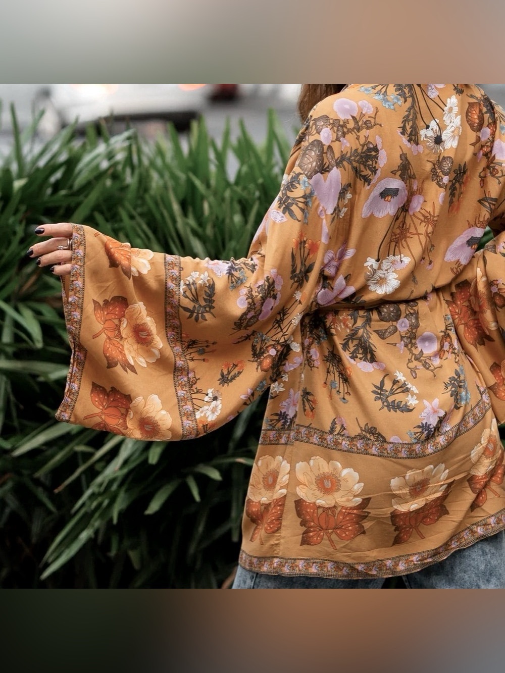 Floral Bell-Sleeve Kimono Jacket in Mustard